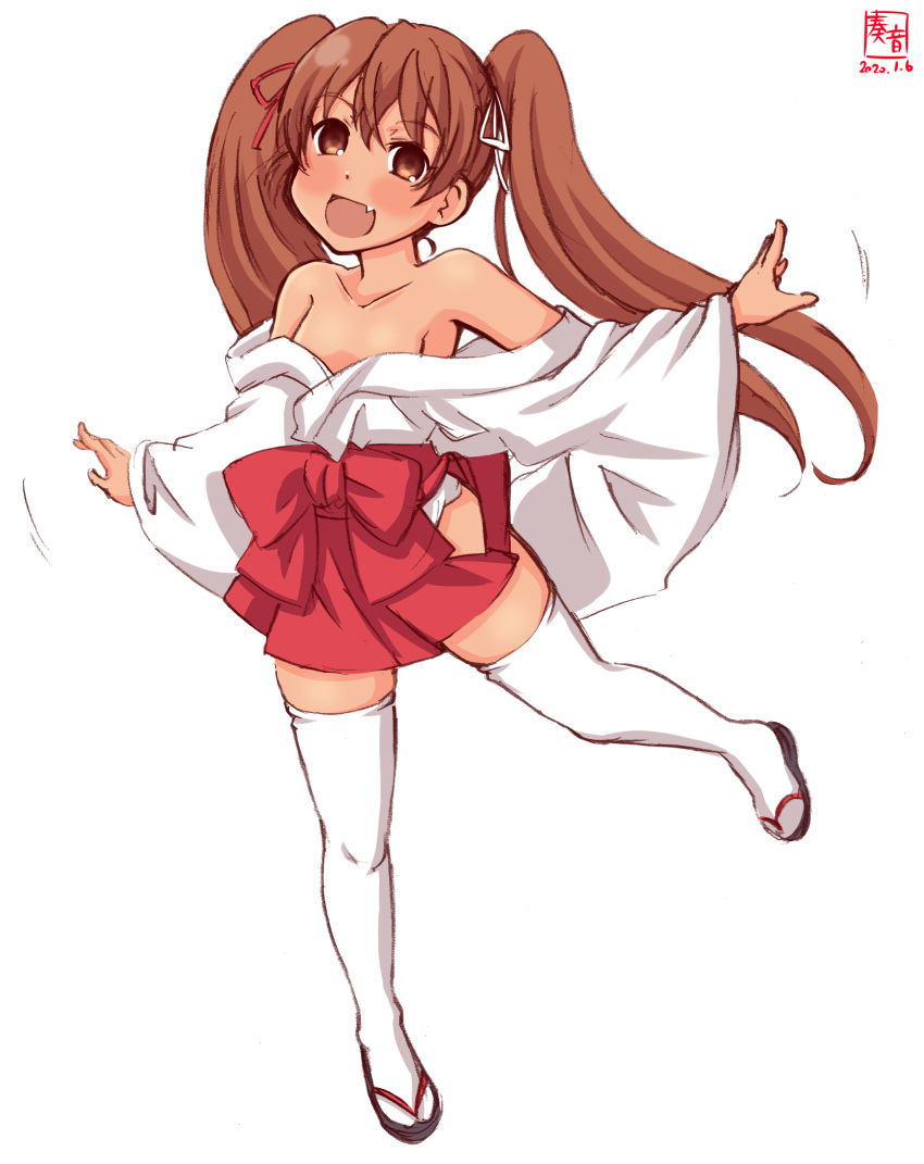 1girl absurdres alternate_costume artist_logo brown_eyes brown_hair commentary_request cosplay dated fang full_body hair_ribbon hakama hakama_skirt highres hip_vent japanese_clothes kanon_(kurogane_knights) kantai_collection libeccio_(kantai_collection) long_hair looking_at_viewer miko off-shoulder_kimono red_hakama ribbon saki sandals simple_background solo standing standing_on_one_leg tan thigh-highs twintails usuzumi_hatsumi usuzumi_hatsumi_(cosplay) white_background white_legwear