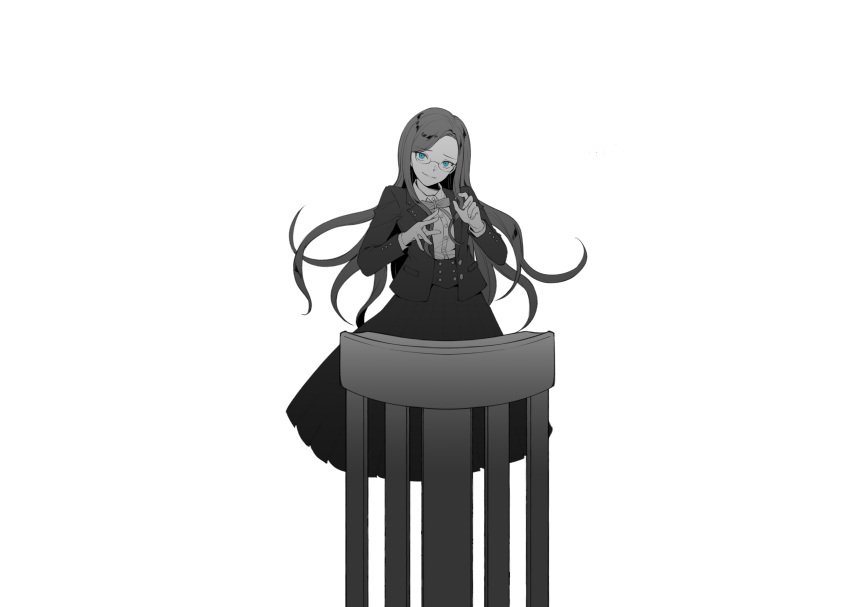 1girl absurdres bangs blue_eyes closed_mouth commentary_request cropped_legs dangan_ronpa_(series) dangan_ronpa_v3:_killing_harmony dress_shirt ewa_(seraphhuiyu) glasses highres holding jacket jewelry long_hair long_sleeves looking_at_viewer monochrome neck_ribbon pleated_skirt ribbon shirogane_tsumugi shirt simple_background skirt smile solo spot_color standing very_long_hair white_background