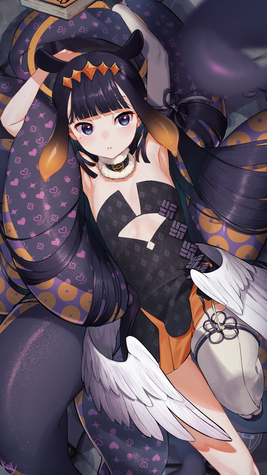1girl absurdres animal_ears ao-chan_(ninomae_ina'nis) armpits arms_up black_hair black_leotard blue_eyes blurry blush book commentary depth_of_field detached_collar detached_sleeves extra_ears flat_chest from_above fur-trimmed_collar gradient_hair highres hololive hololive_english leotard long_hair lying midriff_cutout mole mole_under_eye multicolored_hair nekokitsune0905 ninomae_ina'nis on_back orange_hair pointy_ears single_sleeve single_thighhigh solo straight_hair tentacle_hair tentacles thigh-highs thighs tiara two-tone_hair virtual_youtuber white_legwear wings