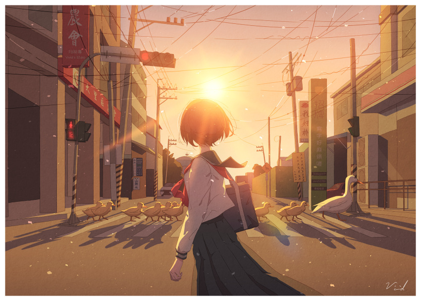 1girl artist_name bag bibido bird blue_skirt crosswalk duck duckling handbag highres long_sleeves original power_lines school_uniform serafuku shadow short_hair skirt solo sunlight sunset traffic_light twilight utility_pole