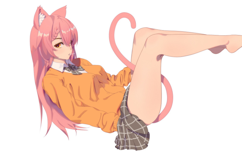 1girl animal_ear_fluff animal_ears bare_legs between_legs bow bowtie braid breasts candy cardigan cat_ears cat_girl cat_tail copyright_request food food_in_mouth from_side grey_bow grey_neckwear grey_skirt highres legs legs_up lollipop long_hair long_sleeves looking_at_viewer looking_to_the_side lying medium_breasts miniskirt on_back orange_cardigan orange_eyes pink_hair plaid plaid_neckwear plaid_skirt simple_background skirt solo tail very_long_hair white_background wing_collar xu_ni