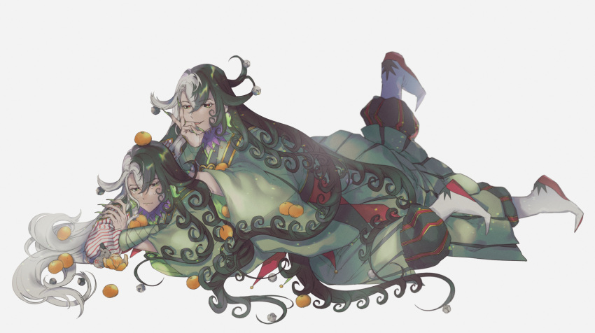 2boys ashiya_douman_(fate) asymmetrical_clothes asymmetrical_hair bell black_eyes black_hair clone curly_hair earrings elbow_rest fate/grand_order fate_(series) fingernails food fruit full_body green_kimono green_nails hair_bell hair_between_eyes hair_intakes hair_ornament highres japanese_clothes jewelry kimono leg_up long_hair looking_at_viewer lying magatama magatama_earrings male_focus mandarin_orange multicolored_hair multiple_boys nezunomori on_person on_stomach open_clothes open_kimono pout ribbed_sleeves sharp_fingernails two-tone_hair very_long_fingernails very_long_hair white_hair