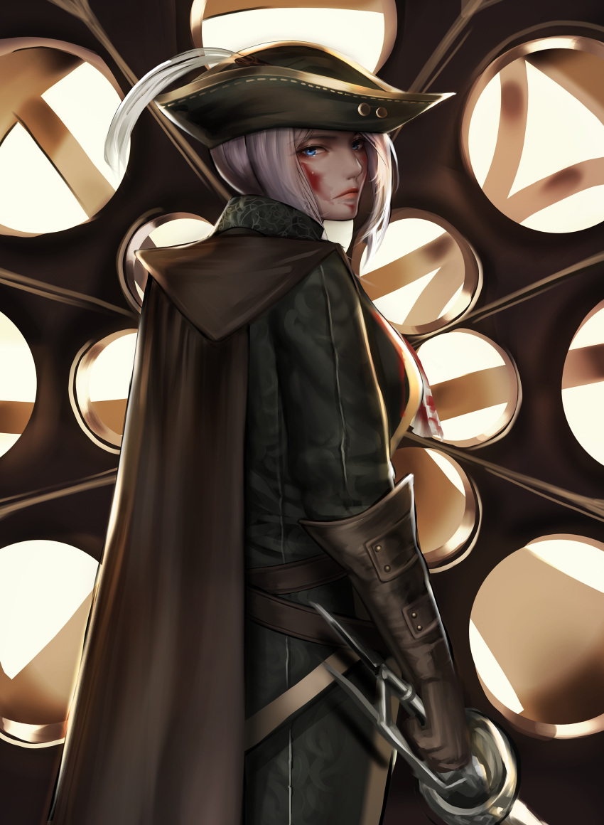 1girl absurdres ascot blood blood_on_face blood_stain bloodborne bloody_clothes blue_eyes bonnet brown_gloves cape closed_mouth commentary_request cravat double-blade gloves hat hat_feather highres holding holding_weapon lady_maria_of_the_astral_clocktower looking_back looking_to_the_side odol_(drk100) rakuyo_(bloodborne) silver_hair the_old_hunters tricorne weapon