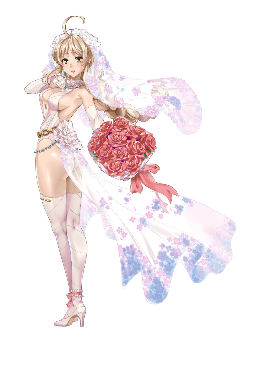 1girl absurdres ass bangs bouquet braid breasts elbow_gloves flower full_body gloves high_heels highres holding holding_bouquet leotard light_brown_eyes light_brown_hair long_hair looking_at_viewer official_art open_mouth pumps rose sacred_sword_princesses sideboob single_braid solo thigh-highs twisted_torso veil white_footwear white_gloves white_legwear white_leotard