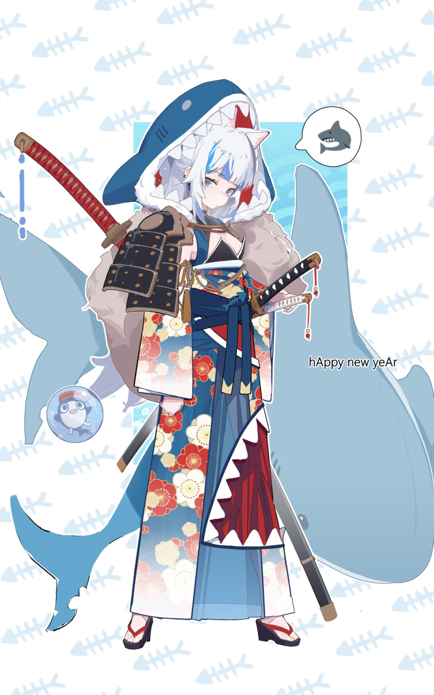 1girl absurdres alternate_costume animal_ear_fluff animal_ears animal_hood armor bangs bloop_(gawr_gura) blue_eyes blue_hair breasts cat_ears cleavage_cutout clothing_cutout ear_piercing earrings expressionless fish_tail from_side fur_scarf gawr_gura happy_new_year highres hololive hood japanese_clothes jewelry katana kimono multicolored_hair multiple_weapons new_year ootachi piercing samurai sandals shark shark_hood shark_tail sharp_teeth shoulder_armor sidelocks small_breasts solo sword tail teeth two-tone_hair virtual_youtuber weapon white_hair zanyak