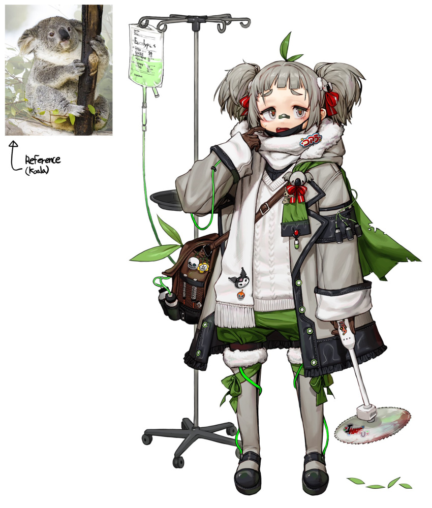 1girl bag bandaid bandaid_on_nose bangs black_footwear black_gloves black_mask blade brown_bag fang flowey_(undertale) full_body gloves grey_eyes grey_hair grey_legwear highres index_finger_raised koala leaf long_sleeves looking_at_viewer mask mask_pull medium_hair mouth_mask open_mouth original rinotuna sans saw shoes shoulder_bag simple_background solo standing surgical_mask sweater undertale white_background white_sweater