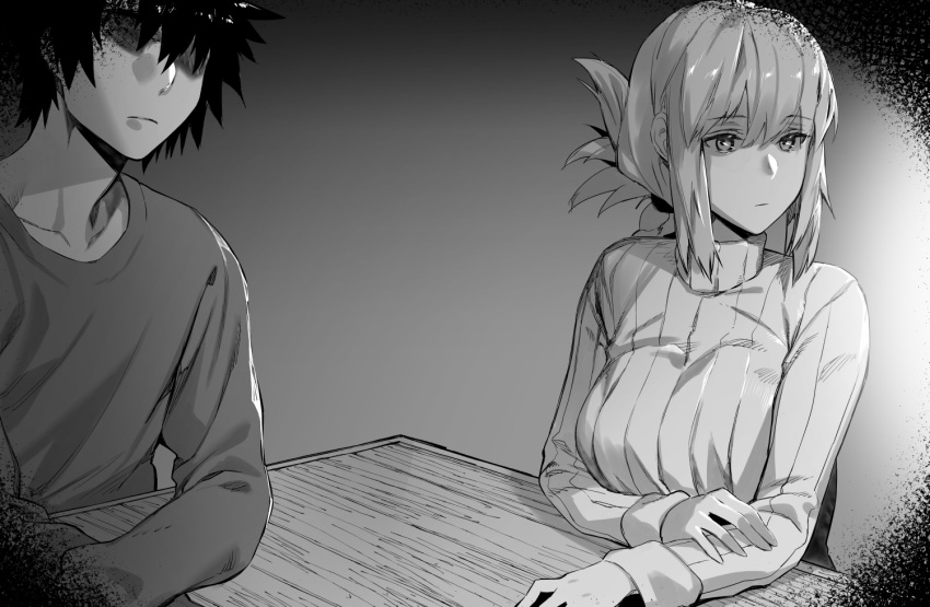 1boy 1girl bangs braid braided_ponytail breasts fate/grand_order fate_(series) florence_nightingale_(fate/grand_order) folded_ponytail fujimaru_ritsuka_(male) greyscale hxd large_breasts long_hair long_sleeves monochrome ribbed_sweater short_hair sweater turtleneck turtleneck_sweater