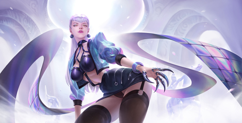 1girl absurdres backlighting black_legwear black_panties black_skirt blue_jacket breasts chinese_commentary claws commentary_request cropped_jacket earrings evelynn_(league_of_legends) garter_straps highres jacket jewelry league_of_legends light_purple_hair lipstick long_hair looking_at_viewer looking_down makeup medium_breasts panties parted_lips photoshop_(medium) puffy_sleeves purple_lips ruanhan skirt solo the_baddest_evelynn thigh-highs underwear yellow_eyes
