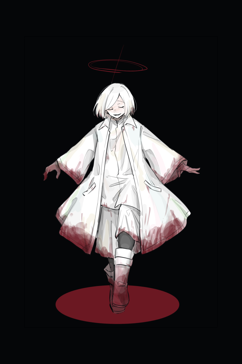 1boy akahito_(akaironotanin) akudama_drive bangs black_background black_legwear blood blood_on_feet bloody_clothes bloody_hands boots closed_eyes coat commentary cutthroat_(akudama_drive) full_body halo highres male_focus mole mole_under_eye outstretched_arms pool_of_blood shirt short_hair shorts simple_background smile solo spread_arms white_coat white_footwear white_hair white_shirt white_shorts