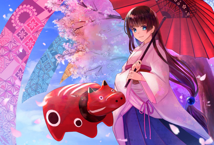 1girl akabeko alone_saepyon bangs black_hair blue_eyes blue_sky blunt_bangs cherry_blossoms clouds cloudy_sky highres hime_cut japanese_clothes kimono long_hair long_sleeves looking_at_viewer nengajou new_year obi original petals pink_kimono sash sky smile solo tree umbrella wide_sleeves