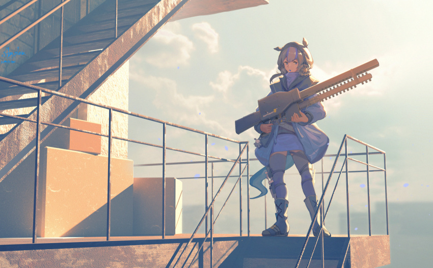 1girl arknights blue_jacket blue_legwear blue_skirt boots candy clouds cloudy_sky commentary_request dated day detached_hood food food_in_mouth full_body furahata_gen glaucus_(arknights) gun highres holding holding_gun holding_weapon jacket lollipop long_hair looking_to_the_side multicolored_hair outdoors rifle signature silver_hair skirt sky solo stairs standing streaked_hair tail thigh-highs trigger_discipline weapon