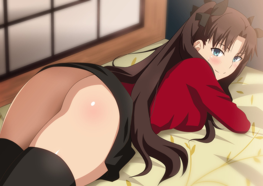 1girl ass bangs black_hair black_legwear black_skirt blue_eyes blush breasts fate/stay_night fate_(series) hara_(harayutaka) highres long_hair long_sleeves looking_at_viewer looking_back lying medium_breasts on_stomach parted_bangs red_sweater skirt smile sweater thigh-highs tohsaka_rin two_side_up