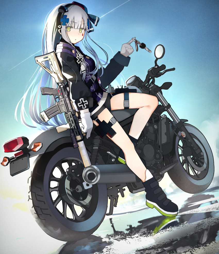 1girl assault_rifle blue_hair blue_sky clothes_writing commentary condensation_trail day facial_tattoo fuu_fuu girls_frontline gloves green_eyes ground_vehicle gun h&amp;k_hk416 hairband highres hk416_(girls_frontline) iron_cross key keychain long_hair long_sleeves looking_at_viewer mod3_(girls_frontline) motor_vehicle motorcycle outdoors pouch rifle sitting sky solo tattoo thigh_strap weapon white_gloves