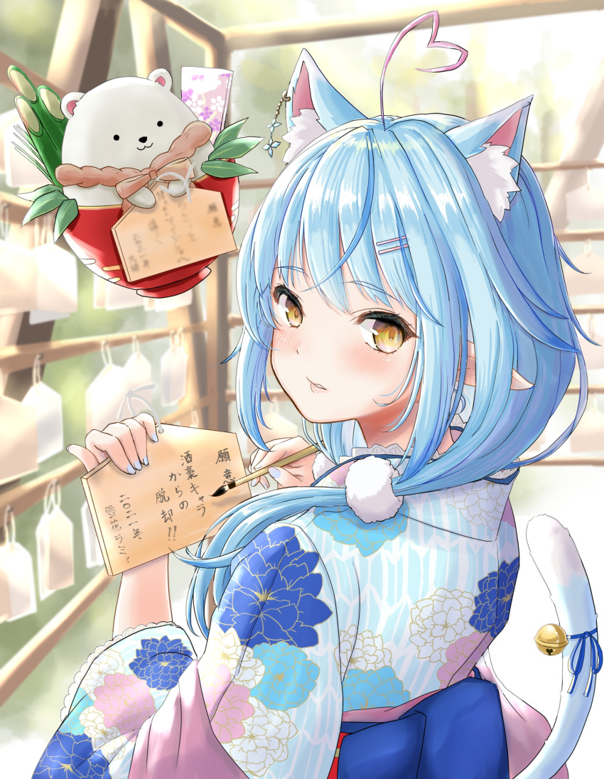 1girl ahoge animal_ears bangs bell blue_flower blue_hair blue_nails blue_ribbon blurry blurry_background blush calligraphy_brush card carnation cat_ears cat_tail commentary_request daifuku_(yukihana_lamy) eyebrows_visible_through_hair floral_print flower hair_ornament hairpin heart_ahoge highres holding holding_card holding_paintbrush hololive japanese_clothes jingle_bell kimono long_hair long_sleeves looking_at_viewer looking_back low_twintails nail_polish obi paintbrush parted_lips pink_flower pointy_ears ribbon riroi sash scrunchie solo tail translation_request twintails upper_body virtual_youtuber white_flower wide_sleeves yellow_eyes yukihana_lamy