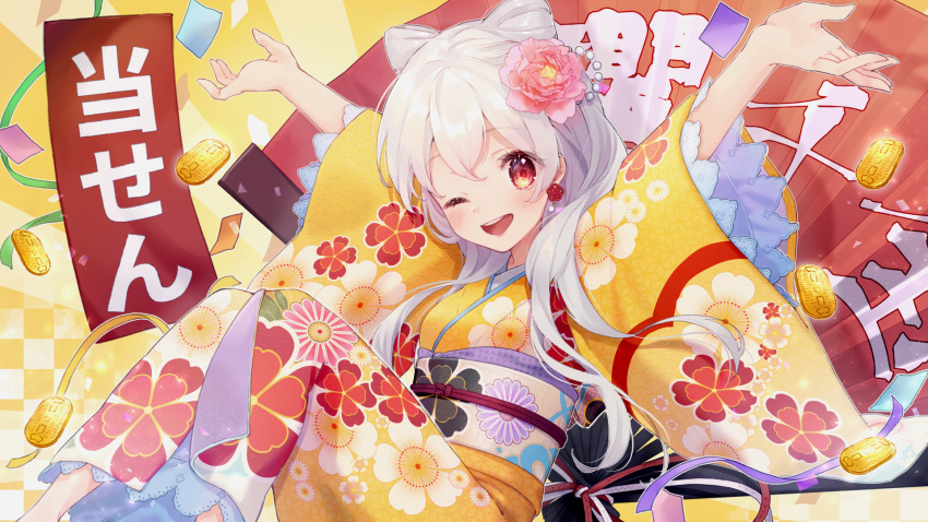 1girl ;d arms_up bangs blush breasts checkered checkered_background commentary_request earrings eyebrows_visible_through_hair fan feet_out_of_frame floral_print flower folding_fan gold hair_between_eyes hair_flower hair_ornament highres hoshino_ruru japanese_clothes jewelry kimono knees_up koban_(gold) long_hair long_sleeves looking_at_viewer obi official_art one_eye_closed open_mouth original pink_flower print_kimono red_eyes sash silver_hair small_breasts smile solo translation_request upper_teeth very_long_hair wide_sleeves yellow_kimono