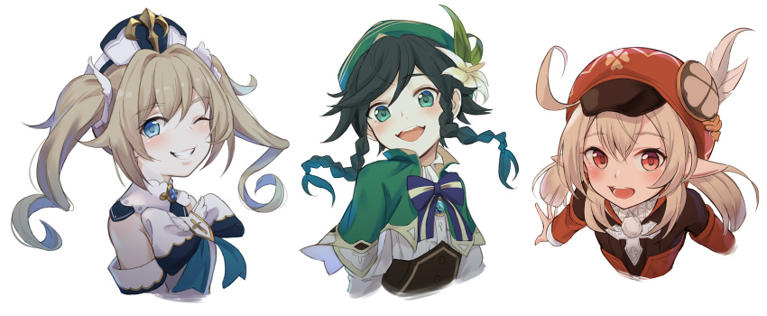 1boy 2girls ahoge bangs barbara_(genshin_impact) black_hair blonde_hair blue_eyes blush bow bowtie braid clover cropped_torso detached_sleeves dress english_commentary english_text eyebrows_visible_through_hair feathers flower four-leaf_clover genshin_impact gradient_hair green_eyes green_headwear grin hair_ornament hat hat_feather hat_flower highres klee_(genshin_impact) long_hair long_sleeves low_twintails multicolored_hair multiple_girls niac one_eye_closed open_mouth pointy_ears red_dress red_eyes red_headwear simple_background smile twin_braids twintails upper_body upper_teeth venti_(genshin_impact) white_background white_dress