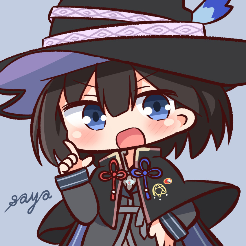 1girl :d bangs black_capelet black_hair black_headwear blue_background blue_eyes blush capelet character_name chibi commentary_request eyebrows_visible_through_hair grey_shirt hair_between_eyes hana_kazari hand_up hat highres index_finger_raised long_sleeves looking_at_viewer majo_no_tabitabi open_mouth saya_(majo_no_tabitabi) shirt simple_background sleeves_past_wrists smile solo upper_body v-shaped_eyebrows witch_hat