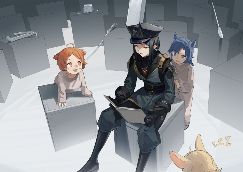 4girls absurdres ahoge animal_ears arknights bag bangs beagle_(arknights) black_gloves black_hair black_headwear blue_eyes blue_hair book bow_(weapon) box cardboard_box closed_eyes crossbow dobermann_(arknights) dobermann_(ensign)_(arknights) fang_(arknights) glasses gloves grey_jacket grey_pants hat highres holding holding_book horse_ears jacket kroos_(arknights) long_sleeves military military_uniform multiple_girls official_alternate_costume open_mouth orange_hair pajamas pants peaked_cap rabbit_ears reading semi-rimless_eyewear sidelocks sleeping smile sword under-rim_eyewear uniform weapon younger zhili_xingzou zzz