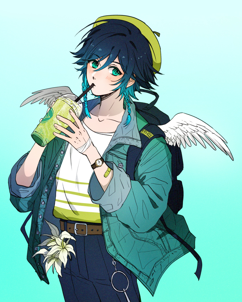1boy absurdres androgynous bag bandaged_arm bandages bangs belt black_hair blue_hair blush braid collarbone cup denim drinking drinking_straw drinking_straw_in_mouth eyebrows_visible_through_hair feathered_wings feathers flower genshin_impact gradient_hair green_background green_eyes green_headwear hair_between_eyes hat highres holding holding_cup jacket jeans long_sleeves looking_at_viewer male_focus multicolored_hair pants shohje simple_background sleeves_rolled_up solo twin_braids venti_(genshin_impact) watch watch white_flower wings