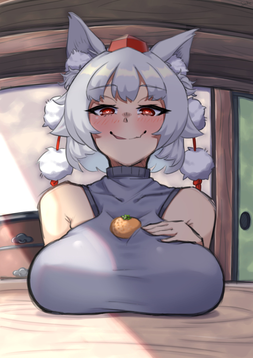 1girl animal_ear_fluff animal_ears bangs bare_shoulders blush breast_rest breasts coffeelove68 commentary_request eyebrows_visible_through_hair fang fisheye food food_on_breasts fruit half-closed_eyes hand_on_own_chest hat heart heart-shaped_pupils highres indoors inubashiri_momiji large_breasts looking_at_viewer mandarin_orange one_eye_closed oppai_mochi parted_lips pom_pom_(clothes) red_eyes red_headwear seductive_smile short_hair skin_fang sleeveless_sweater smile solo symbol-shaped_pupils table tokin_hat tongue tongue_out touhou turtleneck upper_body wall wavy_mouth white_hair wolf_ears