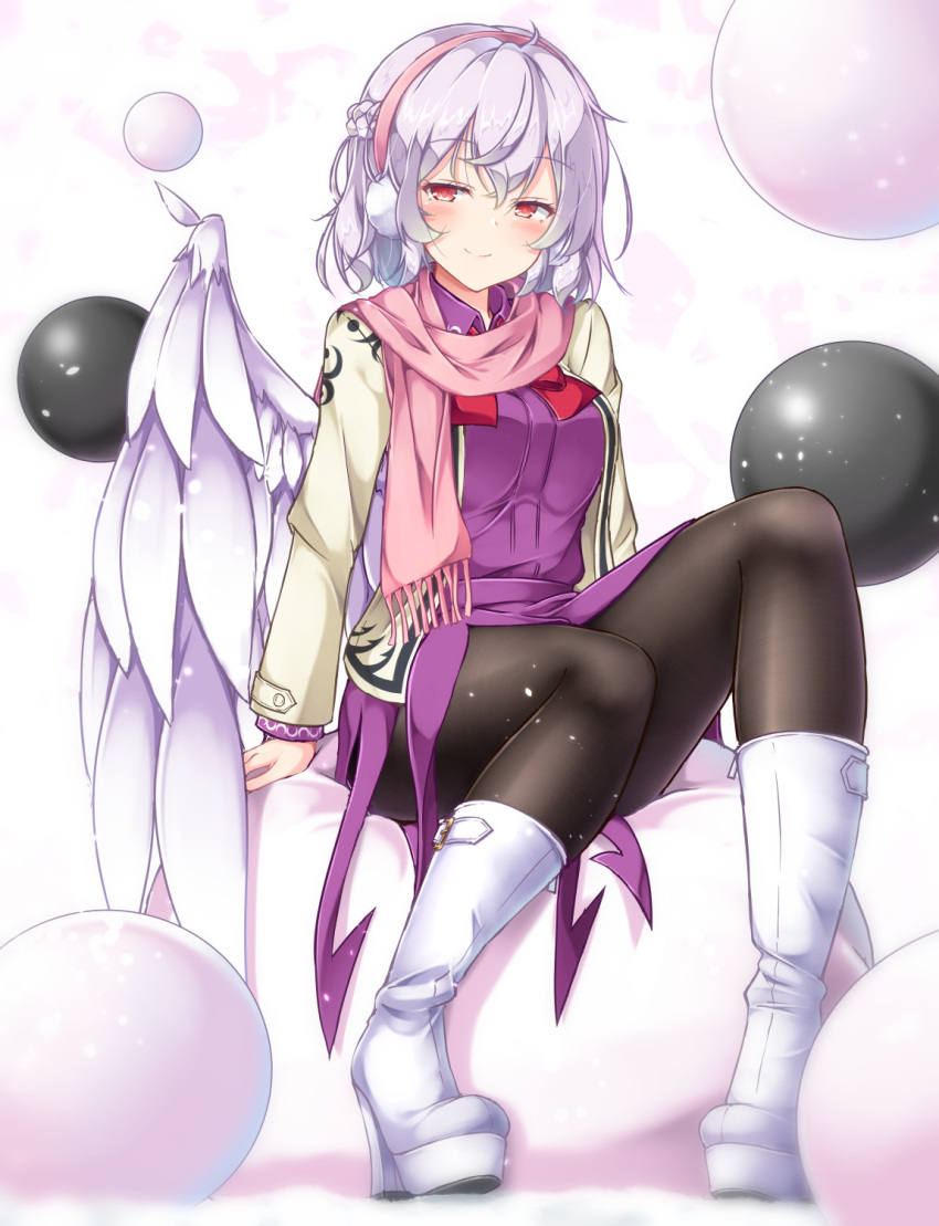 1girl aka_tawashi bangs black_legwear boots braid closed_mouth dress earmuffs eyebrows_visible_through_hair feathered_wings french_braid full_body hair_between_eyes half-closed_eyes high_heel_boots high_heels highres jacket kishin_sagume light_particles long_sleeves looking_at_viewer pink_scarf purple_dress red_eyes red_neckwear scarf short_hair silver_hair single_wing sitting smile solo thigh-highs touhou white_background white_jacket white_wings wings