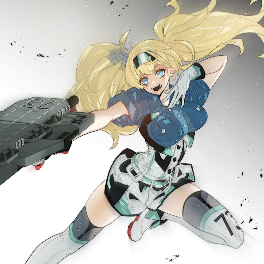 1girl anno88888 bangs blonde_hair blue_eyes blue_shirt boots breast_pocket breasts flight_deck gambier_bay_(kantai_collection) gloves grey_background hairband headgear highres holding kantai_collection large_breasts leg_up long_hair open_mouth pocket shirt short_sleeves shorts simple_background solo thigh-highs thigh_boots twintails