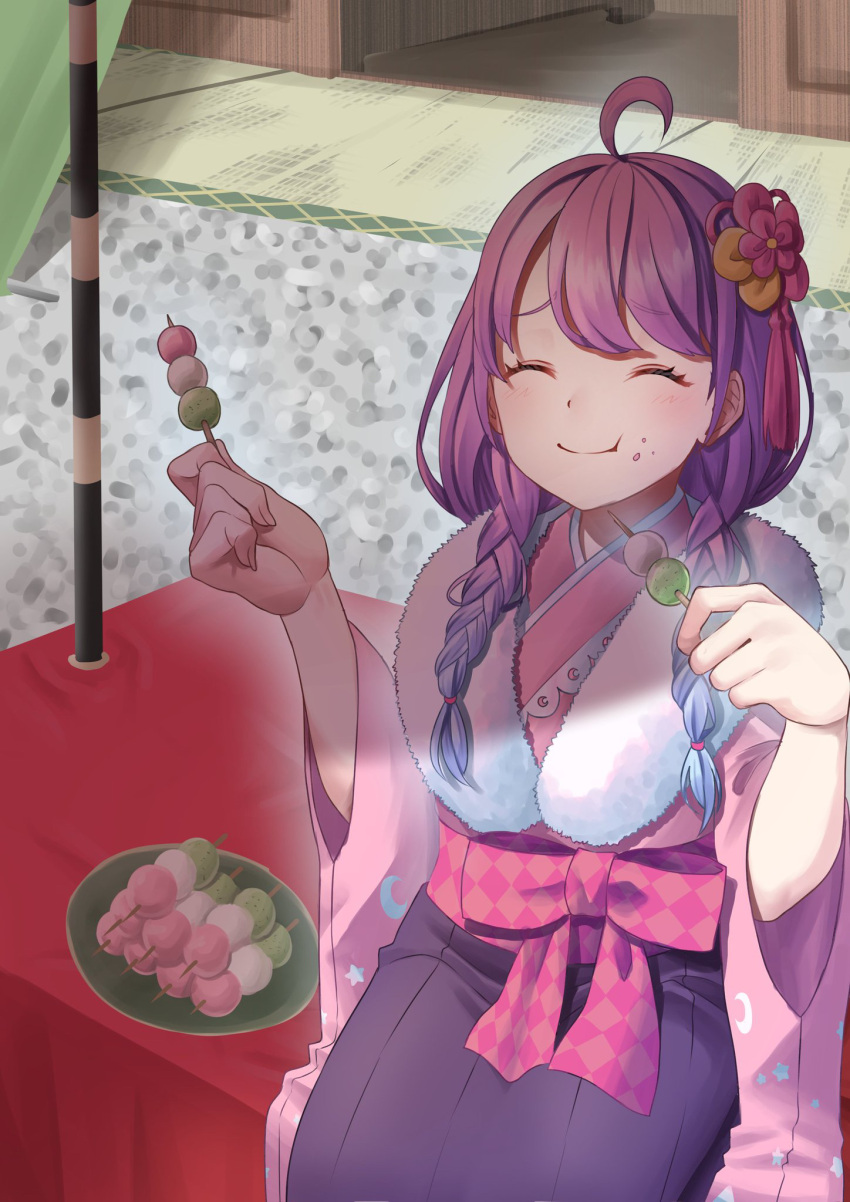 1girl ^_^ abo_leen ahoge bangs blue_hair blush braid closed_eyes dango eating eyebrows_behind_hair food gradient_hair hair_behind_ear highres himemori_luna hololive japanese_clothes kimono multicolored_hair obi official_alternate_costume purple_hair sash sitting smile solo twin_braids virtual_youtuber wagashi yukata