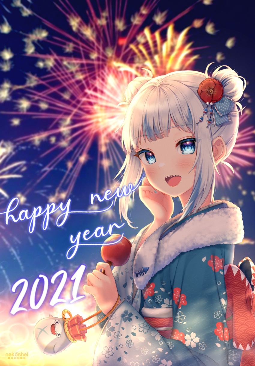 1girl :d alternate_costume alternate_hairstyle artist_name bangs bloop_(gawr_gura) blue_eyes blue_kimono blue_nails blunt_bangs blurry blurry_background blush double_bun eyebrows_visible_through_hair fireworks fish_bone floral_print flower fur_trim gawr_gura gradient_clothes hair_flower hair_ornament hand_on_own_cheek hand_on_own_face highres hololive hololive_english japanese_clothes kimono long_hair looking_at_viewer mixed-language_commentary multicolored_hair nail_polish nekoshei night night_sky obi open_mouth red_flower sash sharp_teeth sidelocks silver_hair sky smile solo streaked_hair teeth upper_body wide_sleeves