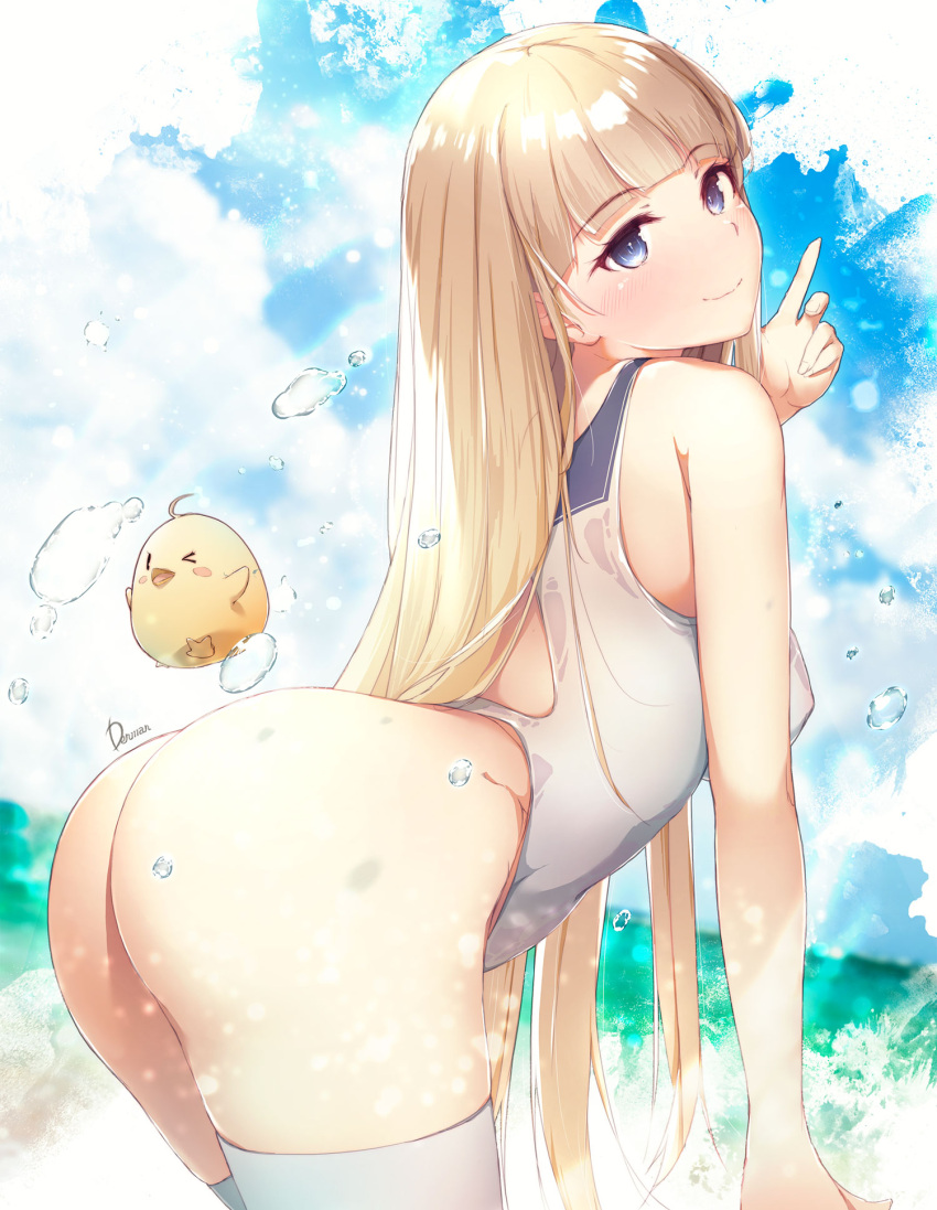 ahoge ass azur_lane bangs bird blonde_hair blue_eyes blush blush_stickers breasts closed_mouth commentary_request covered_nipples day dermar eyebrows_visible_through_hair head_tilt highres icarus_(azur_lane) large_breasts long_hair manjuu_(azur_lane) ocean one_eye_closed outdoors small_breasts smile swimsuit swimwear thigh-highs water water_drop wet white_legwear white_swimsuit