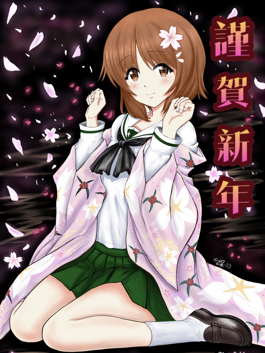 1girl absurdres alternate_legwear artist_name bangs black_neckwear blouse brown_eyes brown_footwear brown_hair cherry_blossoms closed_mouth commentary eyebrows_visible_through_hair floral_print flower full_body girls_und_panzer green_skirt hair_flower hair_ornament haori happy_new_year highres japanese_clothes loafers long_sleeves looking_at_viewer miniskirt neckerchief new_year nishizumi_miho ooarai_school_uniform pleated_skirt sailor_collar school_uniform serafuku shoes short_hair signature sitting skirt smile socks solo w_arms wariza white_blouse white_legwear white_sailor_collar zaofeng