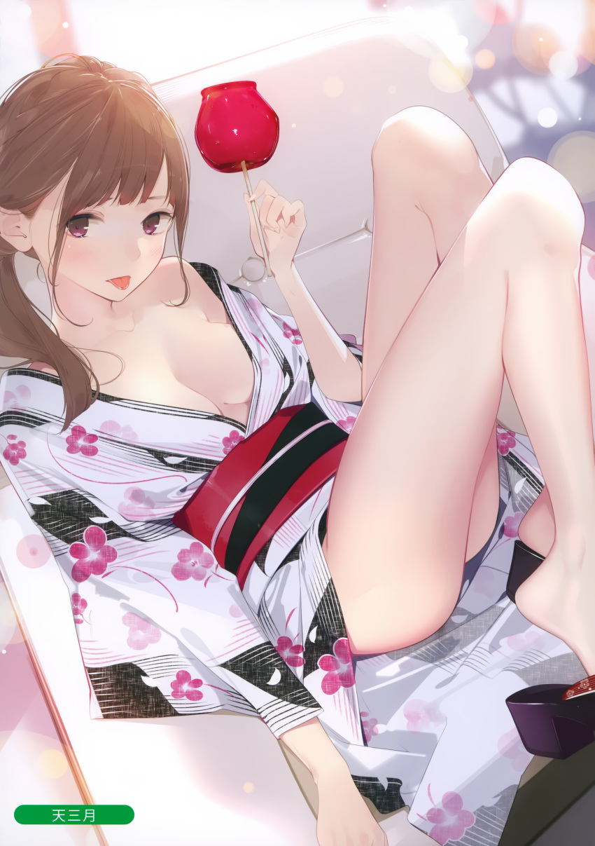 1girl :p absurdres ama_mitsuki backlighting bangs bare_legs bare_shoulders bloom blush breasts breasts_apart brown_hair candy_apple collarbone couch eyelashes fingernails floral_print food geta hand_up highres holding holding_food japanese_clothes kimono knees_up light_particles long_fingernails looking_at_viewer medium_breasts medium_hair melonbooks no_bra no_panties obi off-shoulder_kimono off_shoulder open_clothes open_kimono original ponytail reclining red_sash sash shiny shiny_hair shoe_dangle shoes sidelocks solo swept_bangs thighs tongue tongue_out violet_eyes white_kimono