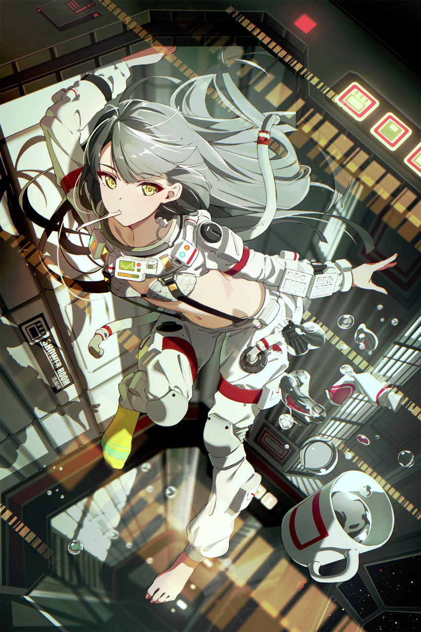 1girl astronaut bra cup earphones floating green_eyes grey_bra grey_hair highres long_hair long_sleeves looking_at_viewer midair midriff motoki_(hisano_motoki) mouth_hold mug navel original outstretched_arms pants revealing_clothes shrug_(clothing) solo stomach suspenders toothbrush toothpaste underwear