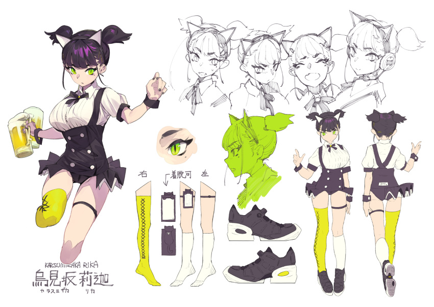 1girl alcohol animal_ears beer beer_mug breasts cat_ears closed_mouth concept_art cropped_legs cup double-breasted expressions fake_animal_ears green_eyes hairband hand_up highres holding holding_cup kamameshi_gougoumaru large_breasts leotard looking_at_viewer mole mole_under_eye mug multiple_views original puffy_short_sleeves puffy_sleeves shirt short_hair short_sleeves showgirl_skirt single_thighhigh slit_pupils socks suspenders thigh-highs twintails two_side_up white_legwear white_shirt wrist_cuffs yellow_legwear