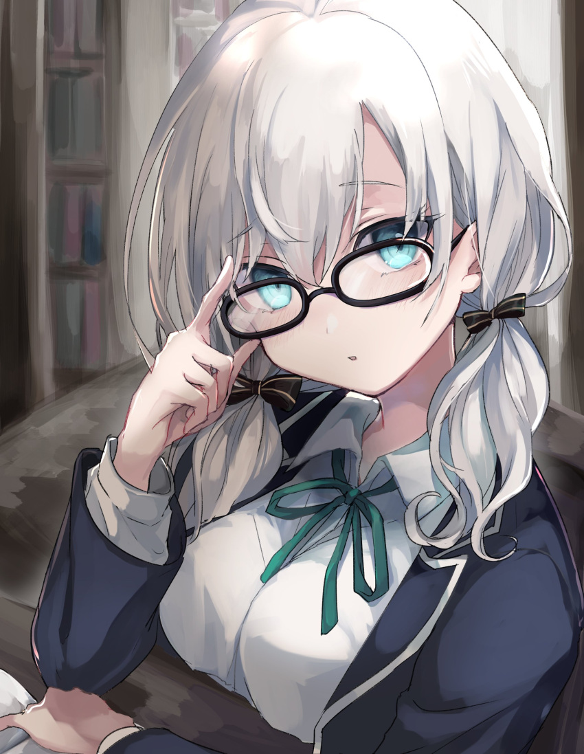 1girl absurdres adjusting_eyewear alternate_costume alternate_hairstyle ars_almal blue_eyes blurry blurry_background book bookshelf breasts glasses highres large_breasts library looking_at_viewer low_twintails nijisanji pov rokubungiurana short_hair silver_hair solo table twintails virtual_youtuber