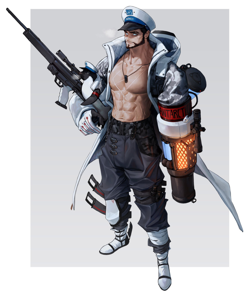 1boy abs beard bird black_pants border coat facial_hair full_body gloves glowing grey_background gun hat highres holding holding_gun holding_weapon jewelry muscular muscular_male necklace open_clothes open_coat original pants penguin rinotuna scar simple_background solo standing weapon white_border white_eyes white_gloves white_headwear