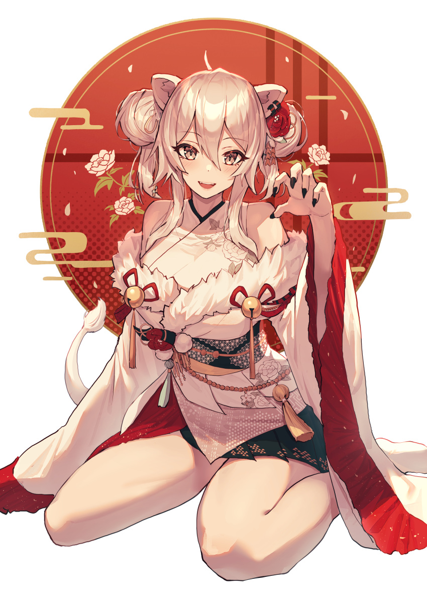 1girl absurdres ahoge animal_ears asa_no_ha_(pattern) bare_legs bell black_nails blush breasts claw_pose commentary double_bun ear_piercing egasumi eyebrows_visible_through_hair fangs floral_print flower full_body fur-trimmed_kimono fur_trim grey_eyes hair_between_eyes hair_flower hair_ornament highres hololive japanese_clothes kimono large_breasts lion_ears lion_tail looking_at_viewer mazel_(mazel_star) medium_hair nail_polish obi off-shoulder_kimono official_alternate_costume open_mouth piercing polka_dot polka_dot_background red_background sash shishiro_botan silver_hair simple_background sitting smile solo symbol_commentary tail tassel thighs uroko_(pattern) virtual_youtuber wariza white_background white_kimono wide_sleeves
