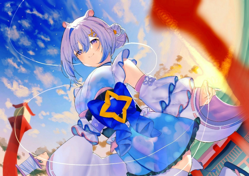 1girl amane_kanata angel animal_ears blue_hair clouds detached_sleeves eyebrows_visible_through_hair flower hair_bun hair_flower hair_ornament hairclip hamster_ears hololive japanese_clothes jinbei_(user_tpny4757) kimono multicolored_hair new_year obi sash silver_hair sky smile solo streaked_hair thigh-highs torii two-tone_hair violet_eyes virtual_youtuber zettai_ryouiki