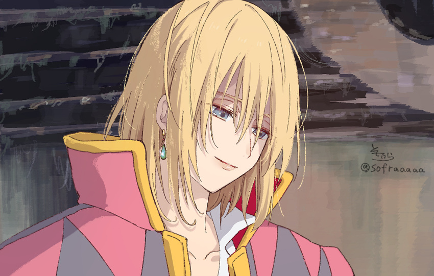 1boy bangs blonde_hair closed_mouth collarbone collared_shirt earrings eyebrows_behind_hair glint grey_eyes grey_jacket hair_between_eyes howl_(howl_no_ugoku_shiro) howl_no_ugoku_shiro jacket jewelry looking_away male_focus pink_jacket shirt signature smile sofra solo twitter_username upper_body white_shirt