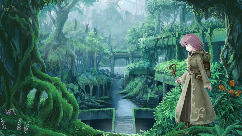 1girl bangs brown_coat brown_dress coat column commentary_request day dress eyes_visible_through_hair fantasy flower forest full_body green_eyes highres holding holding_staff hooded_coat kajiji long_sleeves looking_to_the_side nature open_mouth orange_flower original overgrown pillar pink_flower purple_hair scenery short_hair signature solo staff stairs standing tree