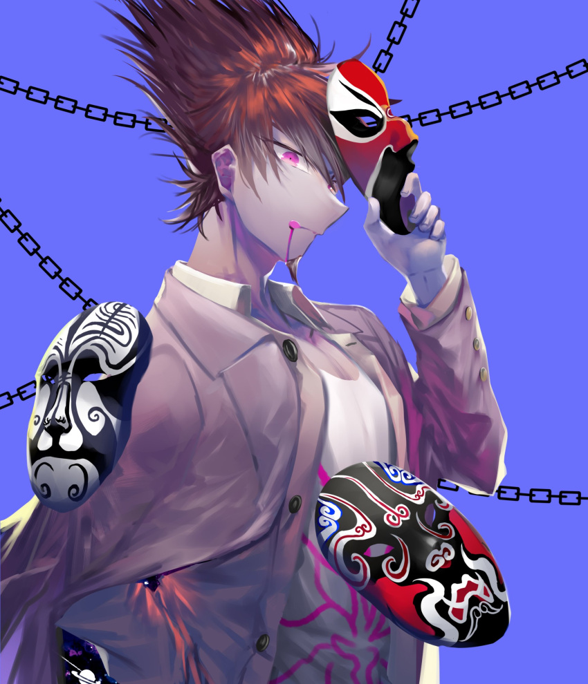 1boy bangs blood blood_from_mouth blue_background brown_hair chain_print collared_shirt commentary_request dangan_ronpa_(series) dangan_ronpa_v3:_killing_harmony dress_shirt from_side hair_over_one_eye hand_up highres holding holding_mask jacket long_sleeves looking_at_viewer male_focus mask mask_removed momota_kaito open_clothes pink_blood pink_eyes qianhai shirt simple_background solo spiky_hair toned upper_body white_shirt