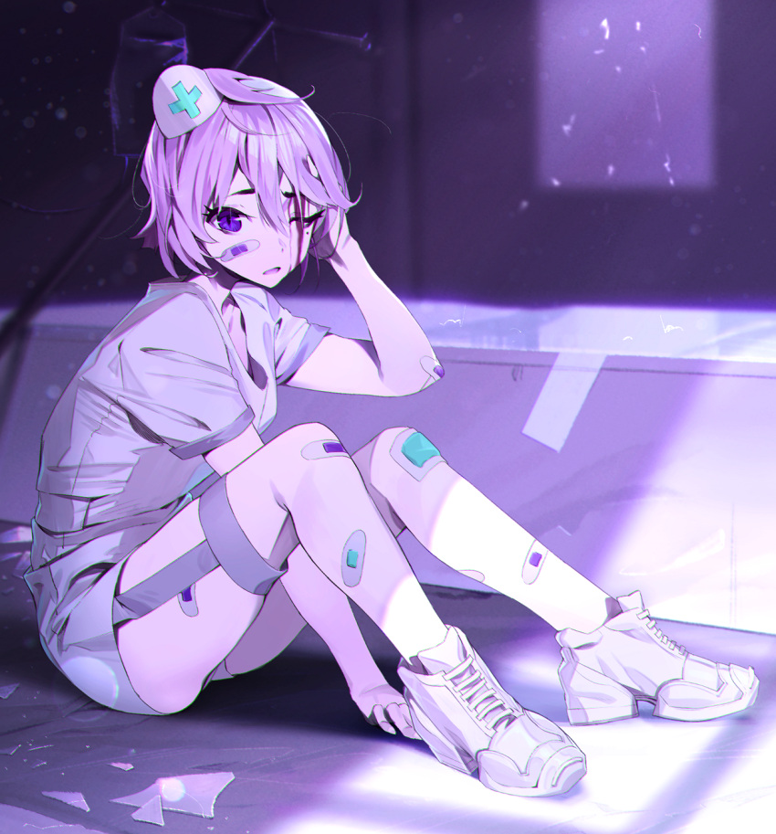 1girl between_legs blood collarbone cross dress from_side hair_between_eyes hand_between_legs hand_on_own_head hat highres injury kamameshi_gougoumaru looking_at_viewer nurse nurse_cap one_eye_closed open_mouth original pain patch purple_hair shoelaces shoes short_dress short_hair short_sleeves sitting sneakers solo thigh_strap uniform violet_eyes white_dress white_footwear