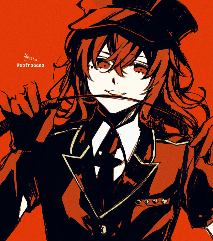 1boy amamiya_ren bangs black_neckwear collared_shirt crossdressinging eyebrows_visible_through_hair hair_between_eyes hands_up hat highres holding jacket long_hair male_focus necktie otoko_no_ko parted_lips peaked_cap persona persona_5 persona_5:_dancing_star_night persona_dancing red_background red_eyes red_headwear red_jacket redhead riding_crop shirt signature simple_background sofra solo twitter_username upper_body white_shirt