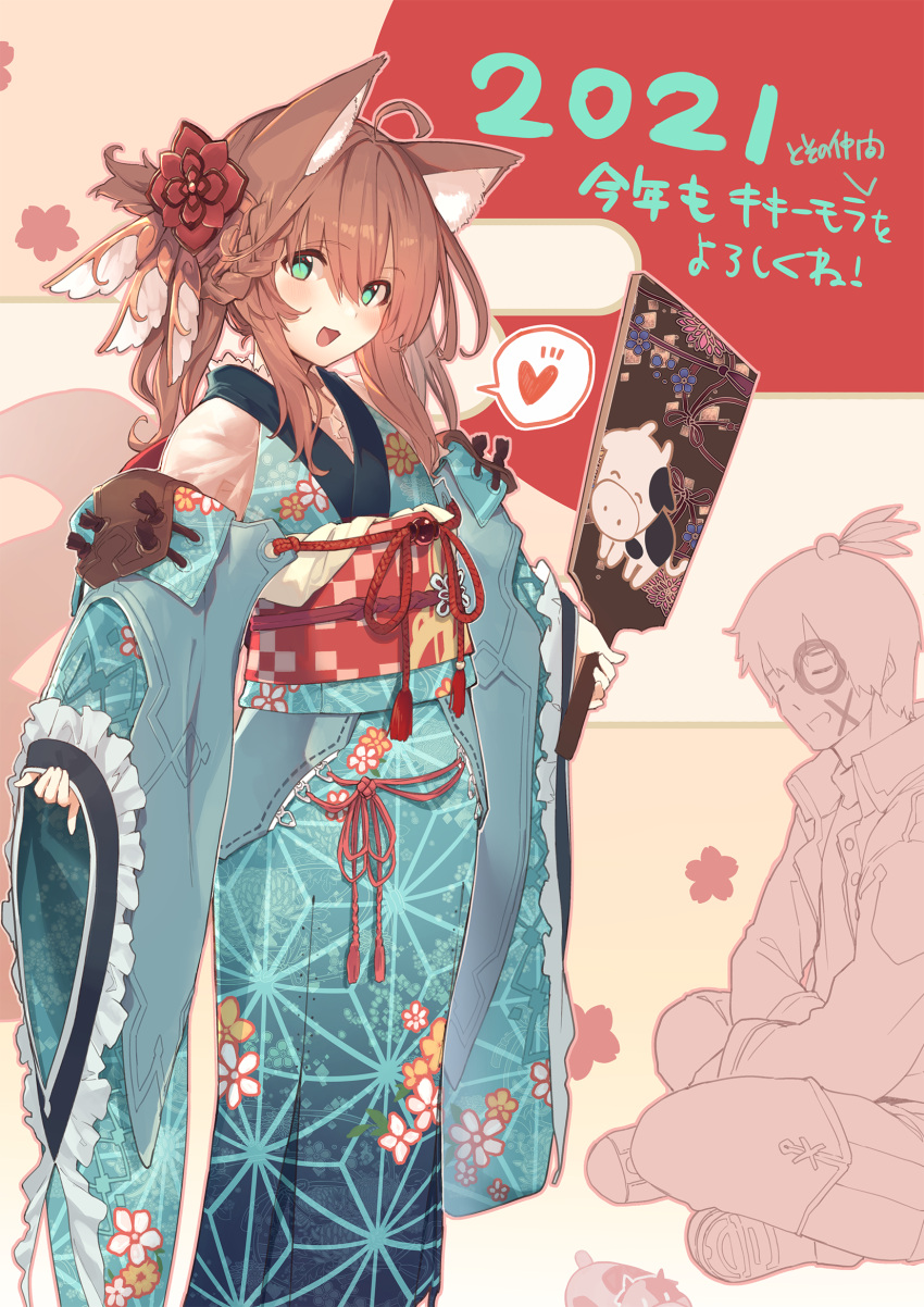 1boy 1girl 2021 :3 :d ahoge animal_ear_fluff animal_ears asa_no_ha_(pattern) braid brown_hair closed_eyes commentary_request cow detached_sleeves eyebrows_visible_through_hair facepaint frills furisode green_eyes hagoita hair_ornament hane_(hanetsuki) hanetsuki heart highres holding indian_style japanese_clothes kimono light_blush long_sleeves looking_at_viewer medium_hair new_year obi open_mouth original paddle ponytail sash sawayaka_samehada sitting sleeves_past_wrists smile solo_focus spoken_heart standing translation_request winged_hair_ornament