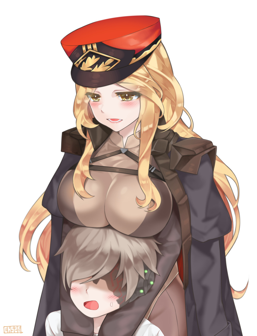 1boy 1girl absurdres age_difference artist_name blonde_hair blush bodysuit breast_rest breast_strap breasts breasts_on_head commander_(last_origin) eh-526 eyes_visible_through_hair faceless faceless_male hat highres hug hug_from_behind indomitable_marie jacket jacket_on_shoulders kepi large_breasts last_origin light_brown_hair military_hat no_eyes open_mouth simple_background smile white_background yellow_eyes
