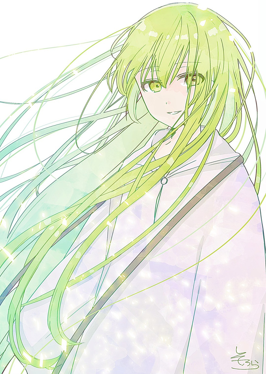 1other androgynous bangs enkidu_(fate/strange_fake) eyebrows_visible_through_hair fate/strange_fake fate_(series) green_eyes green_hair hair_between_eyes highres hood hood_down hooded_robe long_hair looking_at_viewer parted_lips robe signature simple_background sofra solo upper_body very_long_hair white_background white_robe