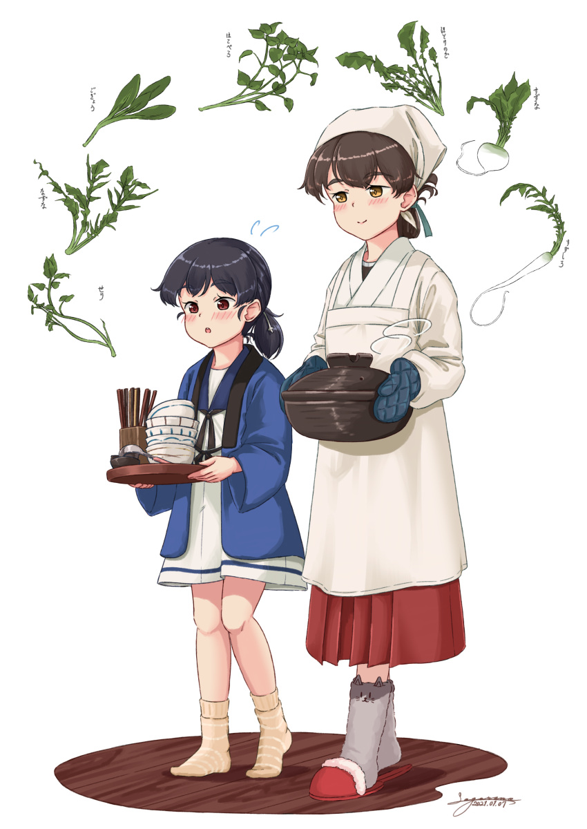 2girls absurdres bandana bangs beige_legwear black_hair blue_ribbon blue_sailor_collar bowl brown_eyes commentary_request dress folded_ponytail full_body hair_ribbon hakama happi hiburi_(kantai_collection) highres japanese_clothes kantai_collection kappougi kasuga_maru_(kantai_collection) long_hair low_ponytail multiple_girls nanakusa-no-sekku pot red_hakama ribbon sagoromo_04 sailor_collar sailor_dress short_hair signature slippers socks striped striped_legwear swept_bangs taiyou_(kantai_collection) white_background white_dress