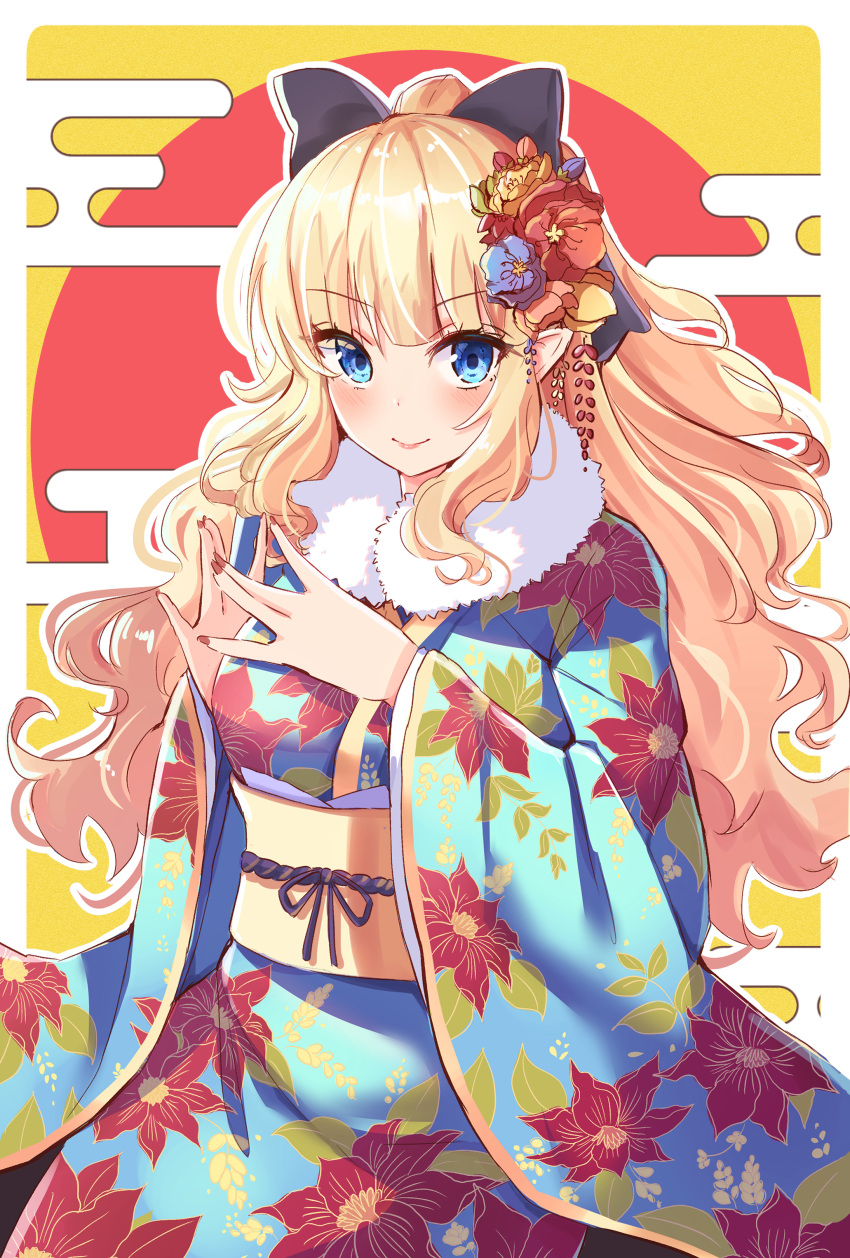 1girl absurdres black_bow blonde_hair blue_eyes blue_flower blue_kimono blush bow brown_flower closed_mouth commentary_request egasumi floral_print flower fur_collar hair_bow hair_flower hair_ornament highres holmemee japanese_clothes kimono long_hair long_sleeves looking_at_viewer nail_polish ponytail princess_connect! princess_connect!_re:dive print_kimono red_background red_flower red_nails saren_(princess_connect!) smile solo two-tone_background very_long_hair wide_sleeves yellow_background