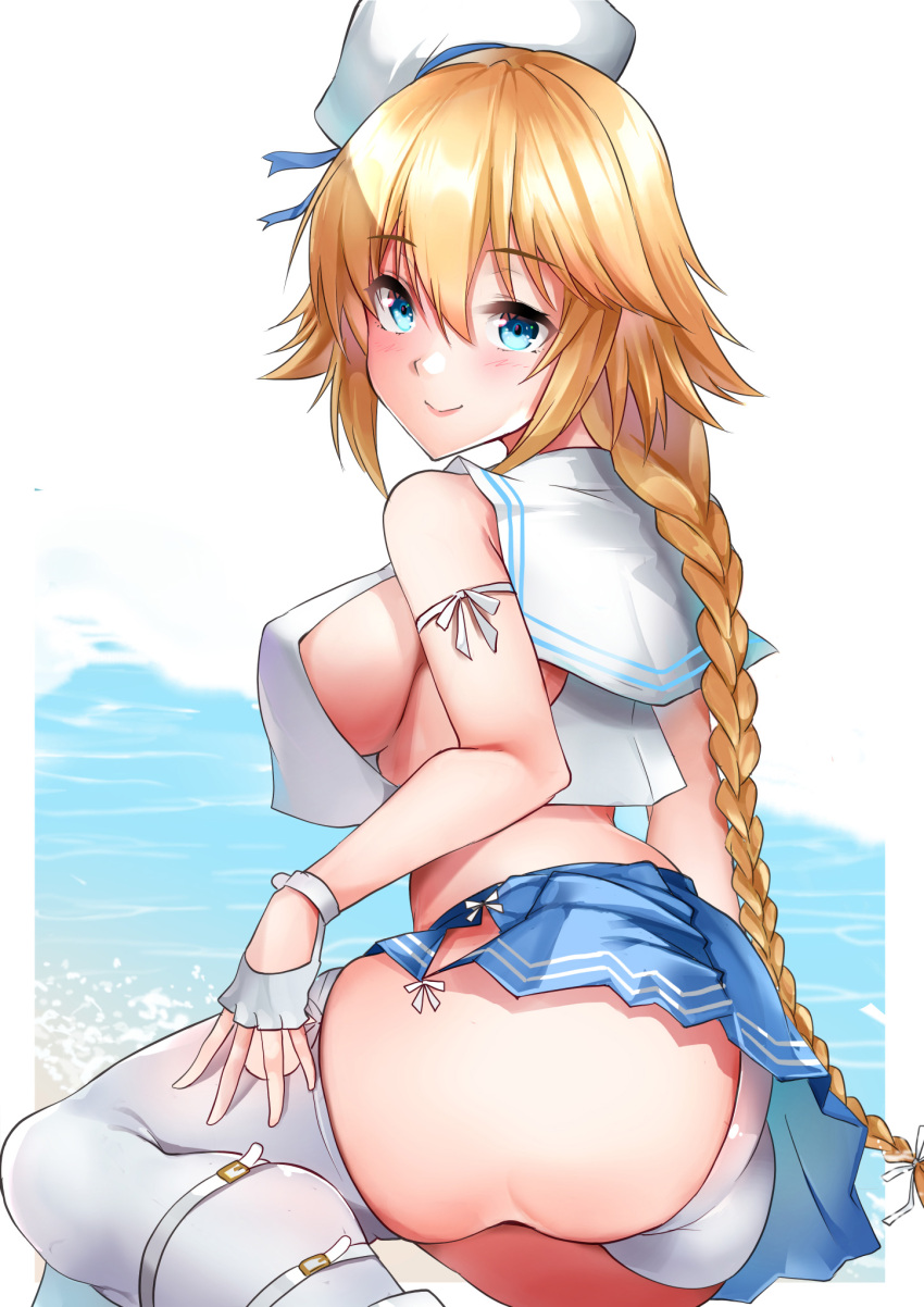 1girl ass bangs bare_shoulders beret blonde_hair blue_eyes blue_skirt blush braid breasts choker closed_mouth crop_top crop_top_overhang fate/apocrypha fate/grand_order fate_(series) gloves hat highres jeanne_d'arc_(fate) jeanne_d'arc_(fate)_(all) large_breasts leaning_back long_hair looking_at_viewer looking_back midriff mystery_treasure navel sailor_collar sezoku sideboob sitting skirt smile thigh-highs thighs twin_braids very_long_hair white_gloves white_legwear