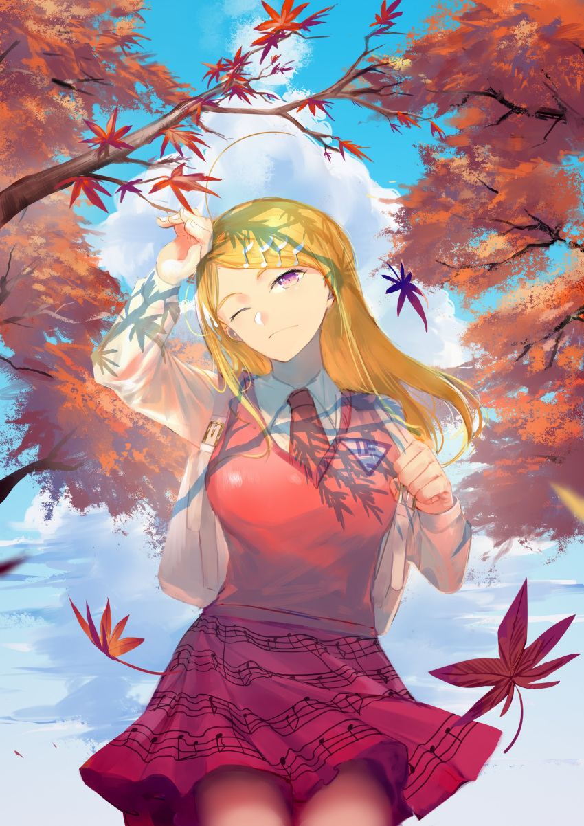 1girl ;) absurdres ahoge akamatsu_kaede arm_up autumn autumn_leaves backpack bag bangs blonde_hair breasts closed_mouth clouds collared_shirt dangan_ronpa_(series) dangan_ronpa_v3:_killing_harmony day falling_leaves from_below hair_ornament highres holding_strap large_breasts leaf light_smile long_hair long_sleeves musical_note musical_note_hair_ornament necktie one_eye_closed outdoors pink_vest pleated_skirt qianhai randoseru school_uniform shirt skirt smile solo sweater_vest vest violet_eyes