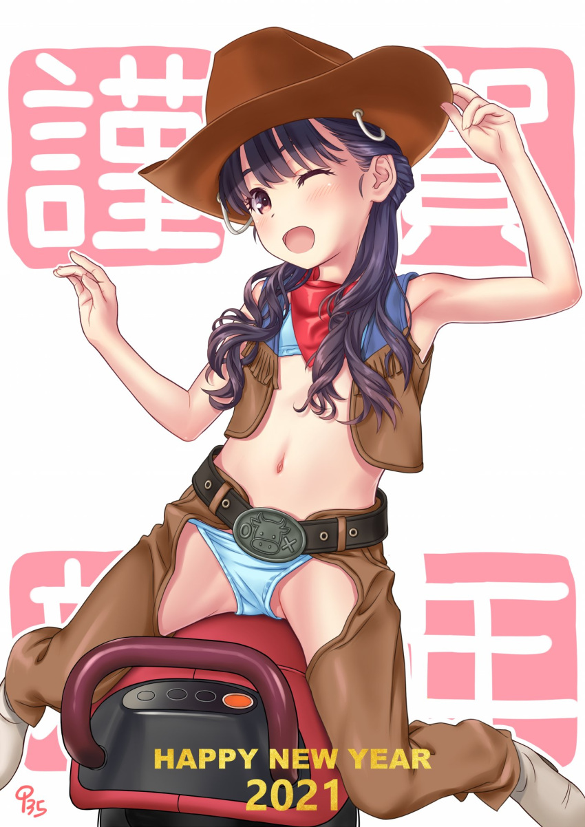 1girl aoi_kumiko background_text belt bikini black_hair blue_bikini brown_headwear brown_vest chaps commentary_request cowboy_hat hair_over_shoulder happy_new_year hat highres kerchief long_hair mechanical_bull new_year one_eye_closed original red_eyes red_neckwear riding riding_machine side-tie_bikini solo swimsuit vest white_background